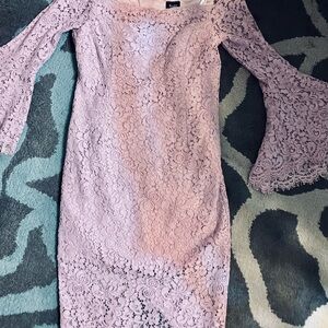 Bardot Lace Off-the-Shoulder Bell Sleeve Dress in Lavender